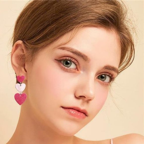 Heart Earrings Dangle Drop Dangling Ladies Girl Pink Valentines Jewelry Gift - Picture 4 of 10